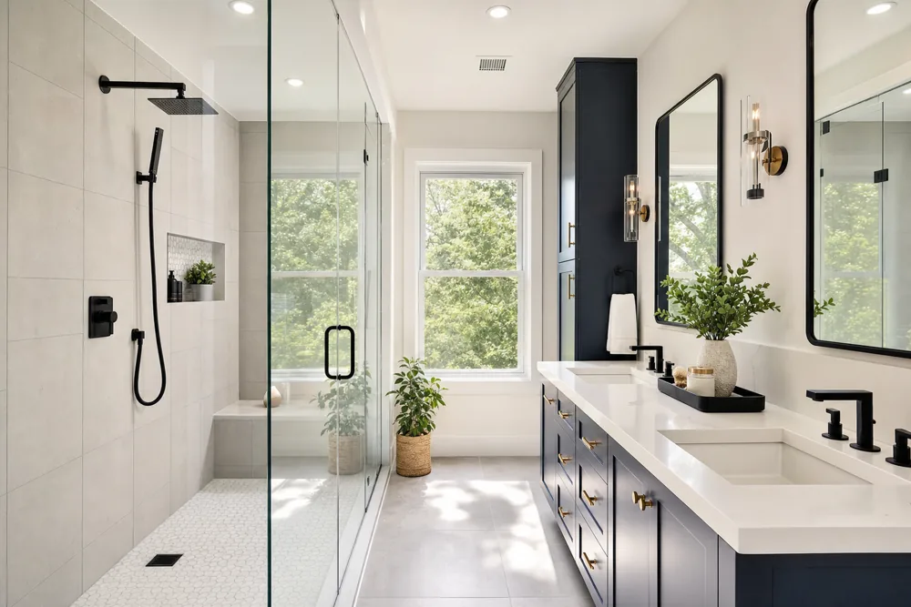 Remodeled bathroom with tiled walk-in shower and new vanity