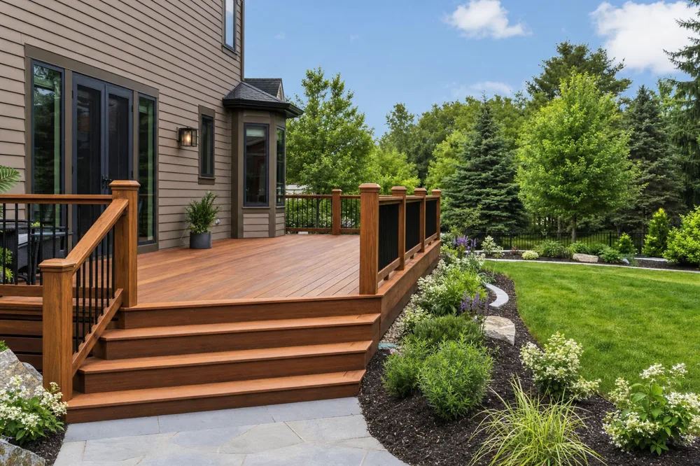 Custom built wood deck with railings on a home exterior