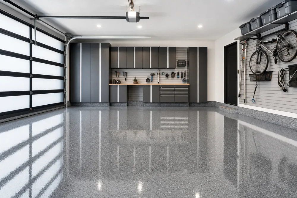 Glossy gray epoxy garage floor coating