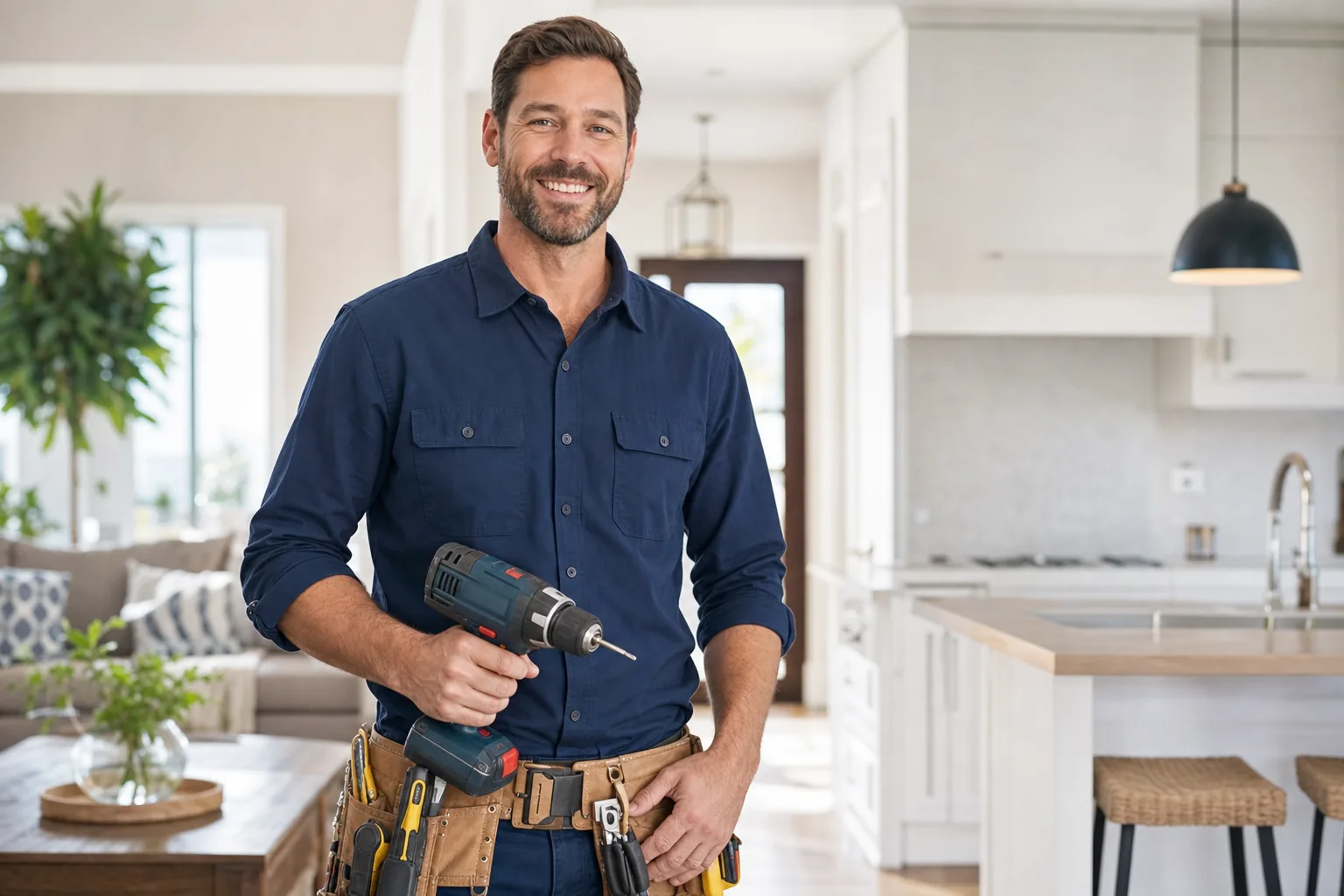 Friendly Fixright handyman with a cordless drill in a bright Charlotte home